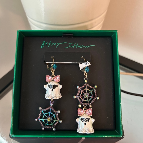 Betsey Johnson Jewelry - Betsey Johnson NIB White, Pink, and Blue Ghost With Bow and Spiderweb Earrings